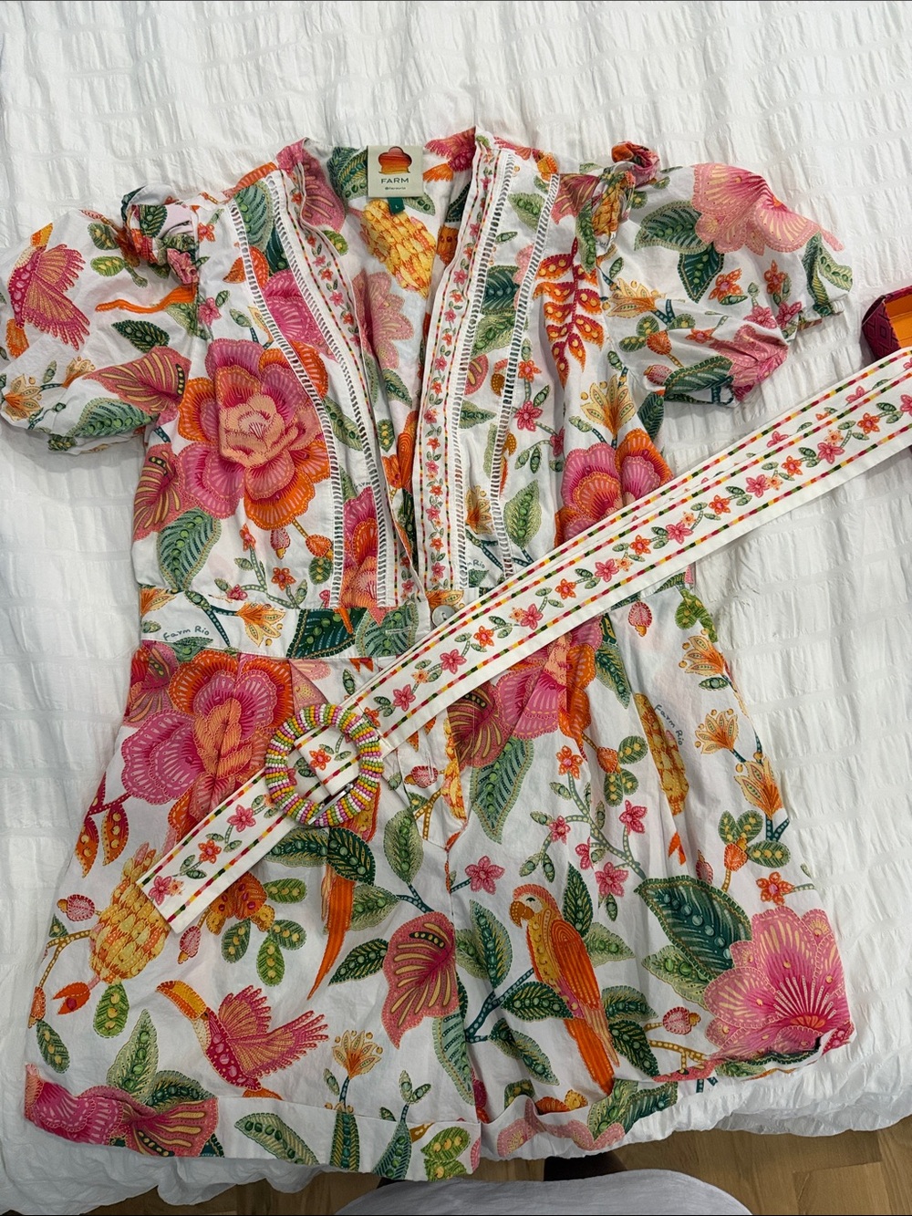 FARM Rio White Floral Jumpsuit with Pink Orange Green Accents